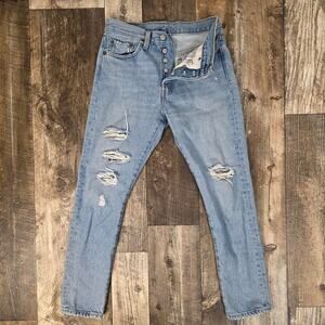 Levis 501 Distressed Jeans Light Wash Button Fly Straight Leg W26 L28 Cotton